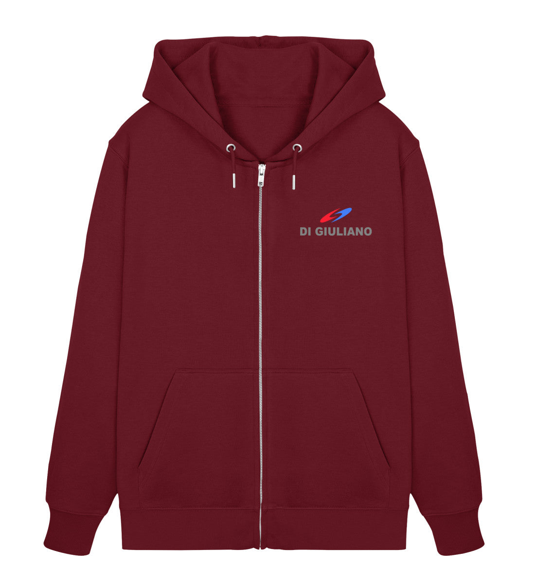 Dunkelrot maritimer Unisex Organic Zipper mit California-Sommer-Design – Vorderansicht mit durchgehendem Reißverschluss und kleinem, bedrucktem Logo auf der linken Brust. (Burgundy-6883) digiuliano.com