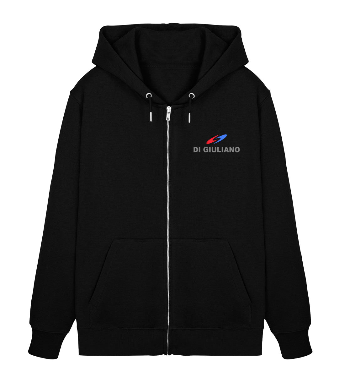 Schwarz maritimer Unisex Organic Zipper mit California-Sommer-Design – Vorderansicht mit durchgehendem Reißverschluss und kleinem, bedrucktem Logo auf der linken Brust. (Black-16) digiuliano.com