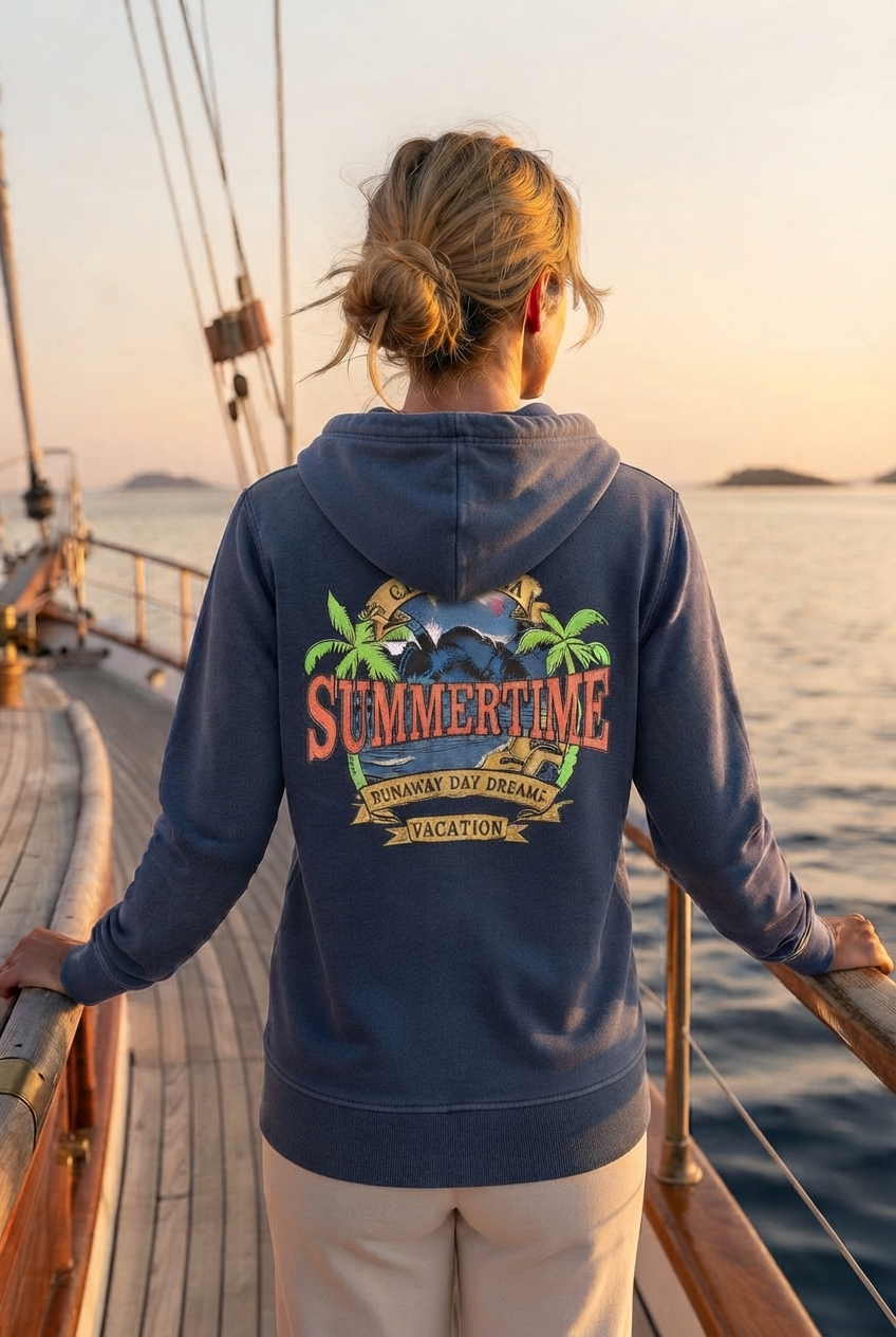 Maritimer Unisex Organic Zipper mit California-Sommer-Design – Rückansicht mit Palmen, Vintage-Schriftzügen und nachhaltiger Bio-Qualität. digiuliano.com