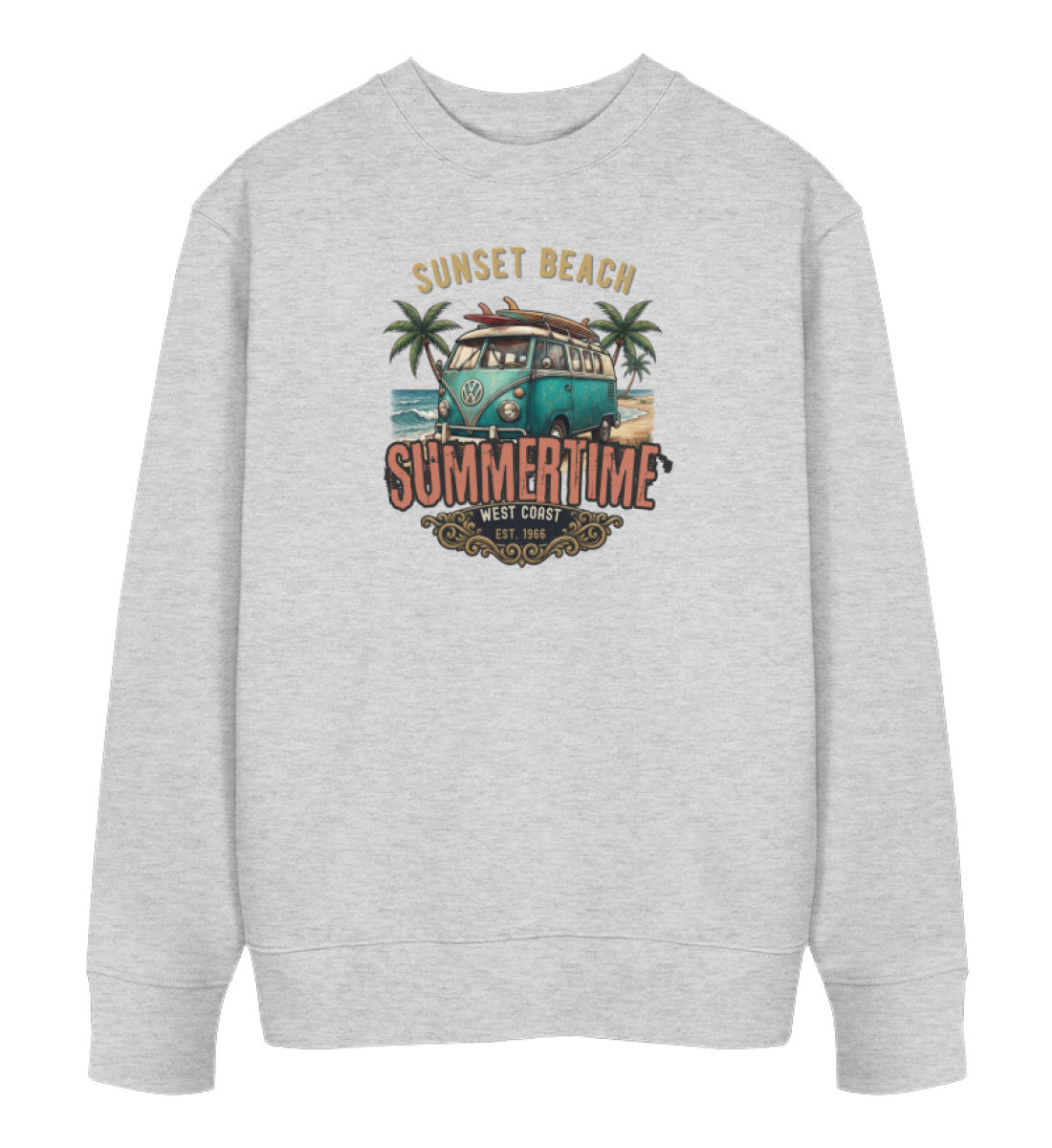 Grau Maritimes Unisex Organic Sweatshirt mit Vintage VW Bulli, Surfbrechtern auf dem Dach, Palmen und dem Schriftzug „Sunset Beach Summertime West Coast“ (Heather Grey-6892) digiuliano.com