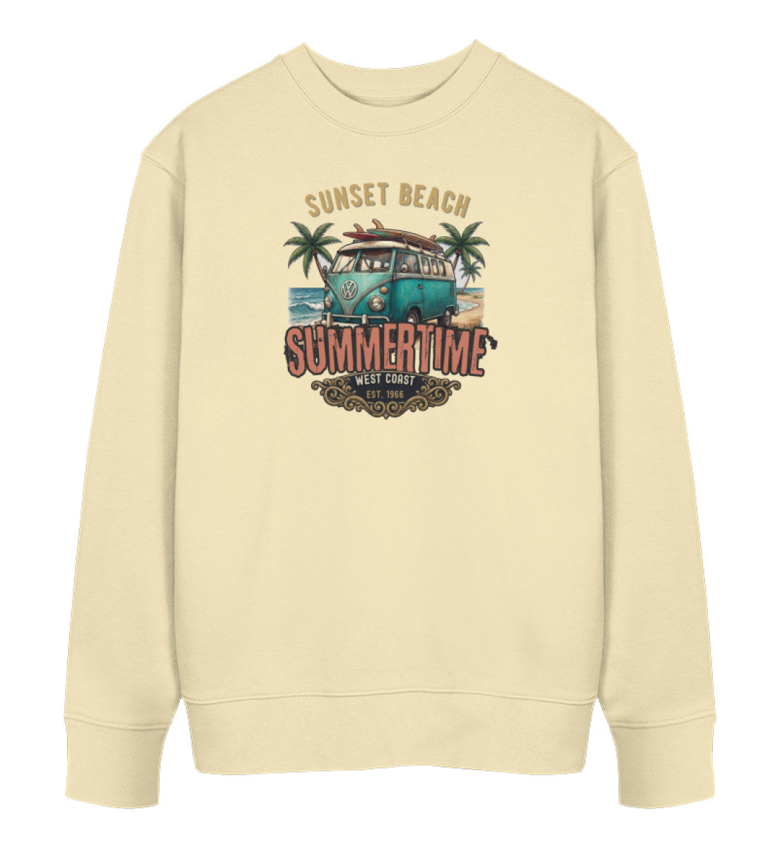 Naturbelassen Maritimes Unisex Organic Sweatshirt mit Vintage VW Bulli, Surfbrechtern auf dem Dach, Palmen und dem Schriftzug „Sunset Beach Summertime West Coast“ (Natural Raw-7131) digiuliano.com