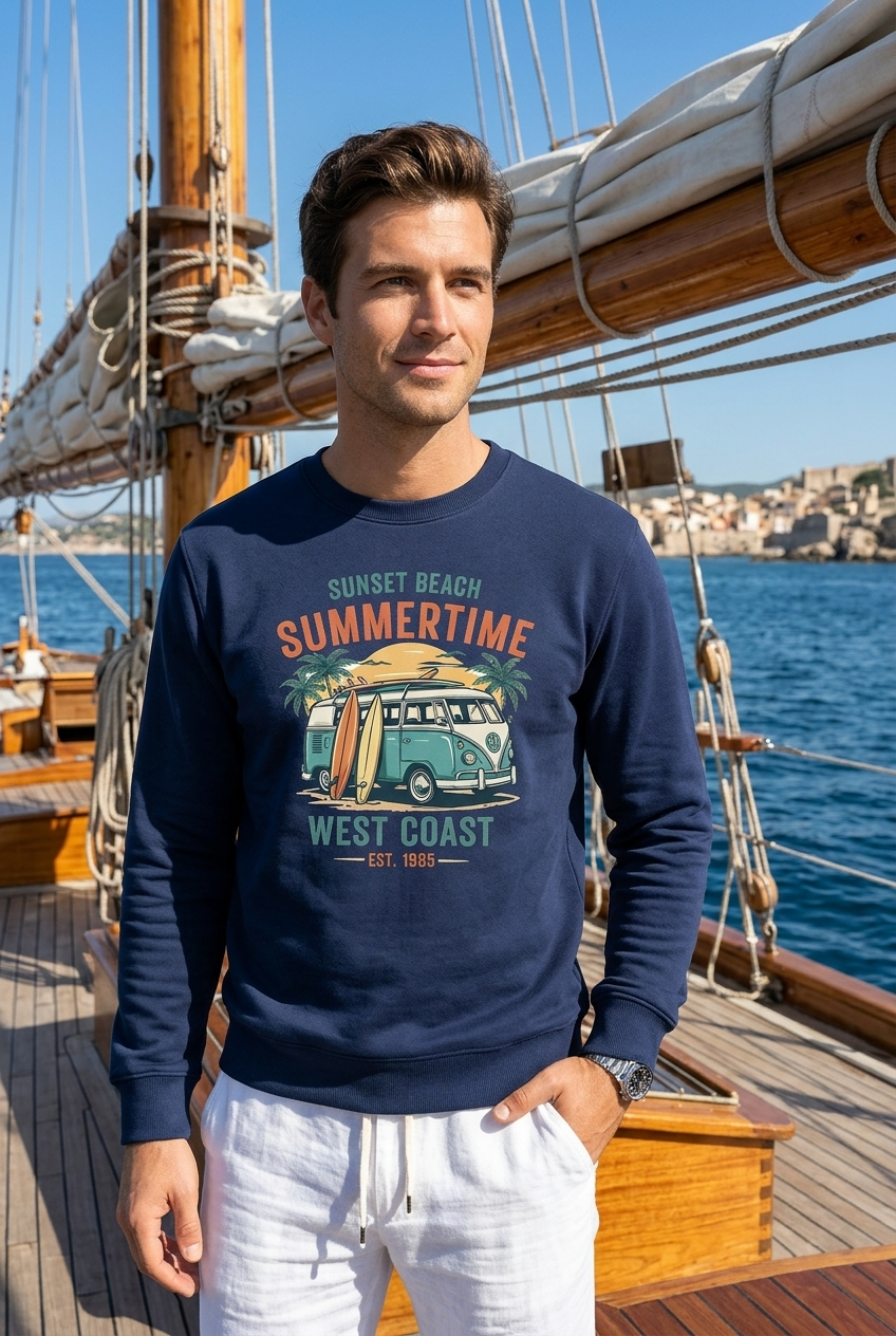 Marine maritimes Unisex Bio Organic Sweatshirt mit türkisblauem Vintage Surfer-Bulli, angelehnten Surfbrechtern, Palmen und dem Schriftzug „Sunset Beach Summertime West Coast EST. 1985“. (French Navy-6057) www.digiuliano.com