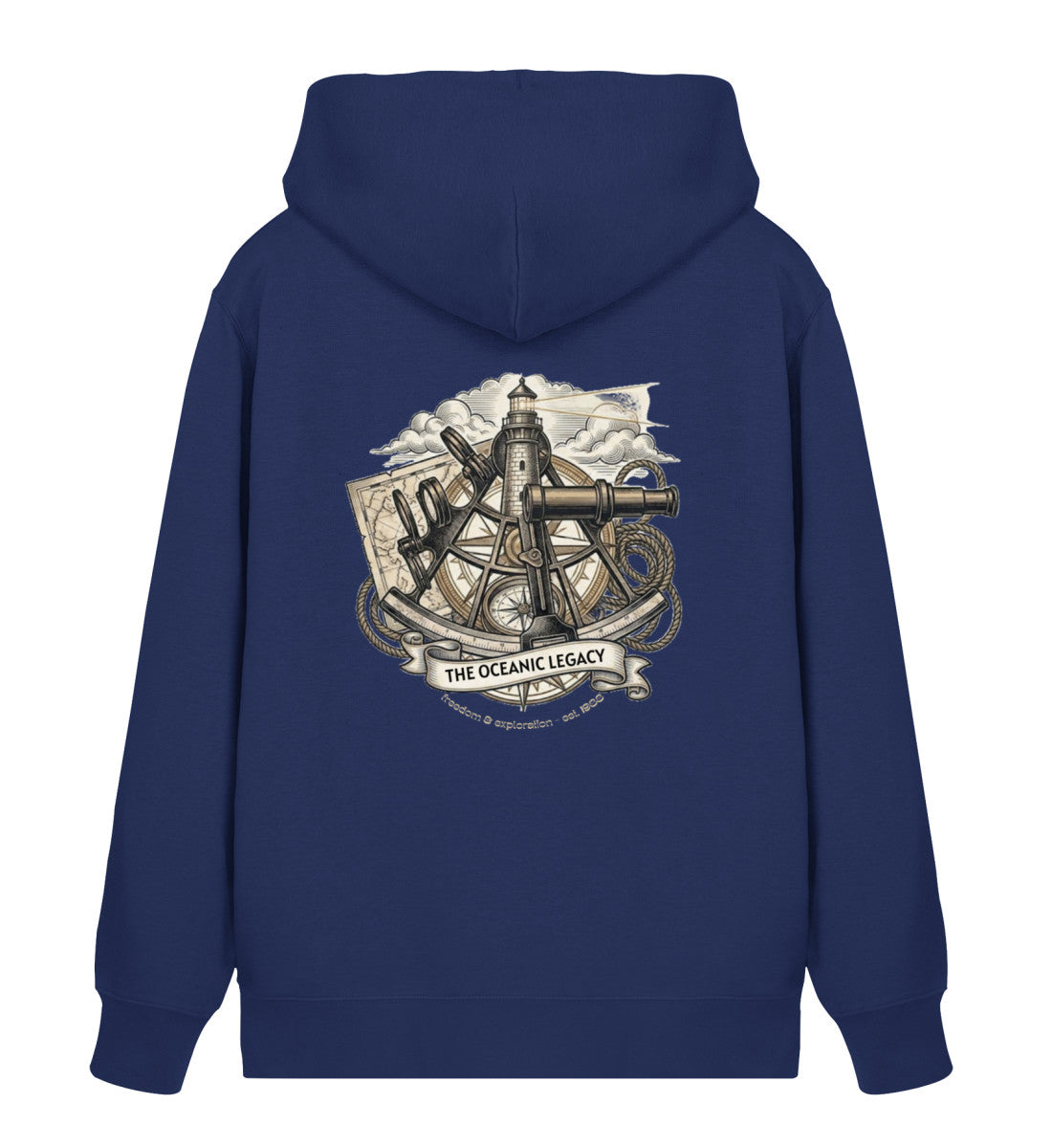 Dunkelblau maritimer Unisex Bio Organic Zipper „The Oceanic Legacy“ – Rückansicht mit detailreichem Vintage-Design aus Leuchtturm, Sextant, Fernrohr und Seekarte. (French Navy-6057) digiuliano.com