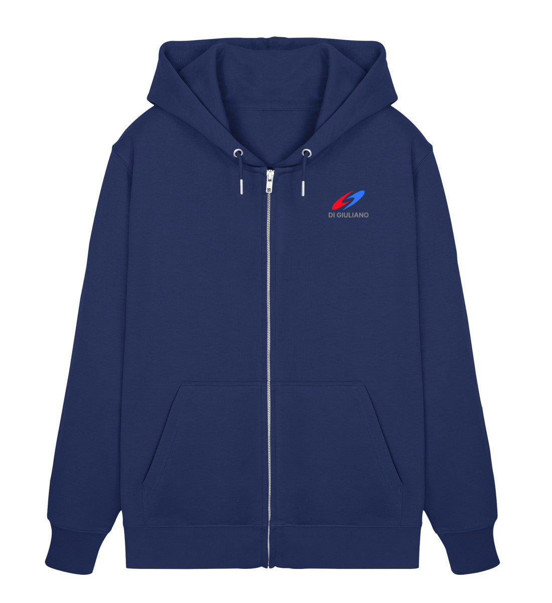 Dunkelblauer maritimer Unisex Bio Organic Zipper „The Oceanic Legacy“ – Vorderansicht mit durchgehendem Reißverschluss mit dezentem Logo-Print auf der Brust. (French Navy-6057) digiuliano.com