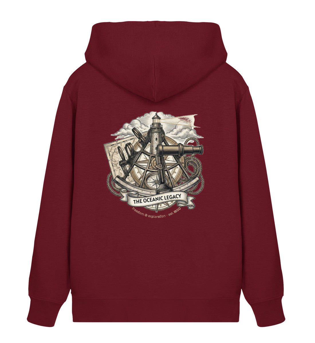 Dunkelrot maritimer Unisex Bio Organic Zipper „The Oceanic Legacy“ – Rückansicht mit detailreichem Vintage-Design aus Leuchtturm, Sextant, Fernrohr und Seekarte. (Burgundy-6883) digiuliano.com