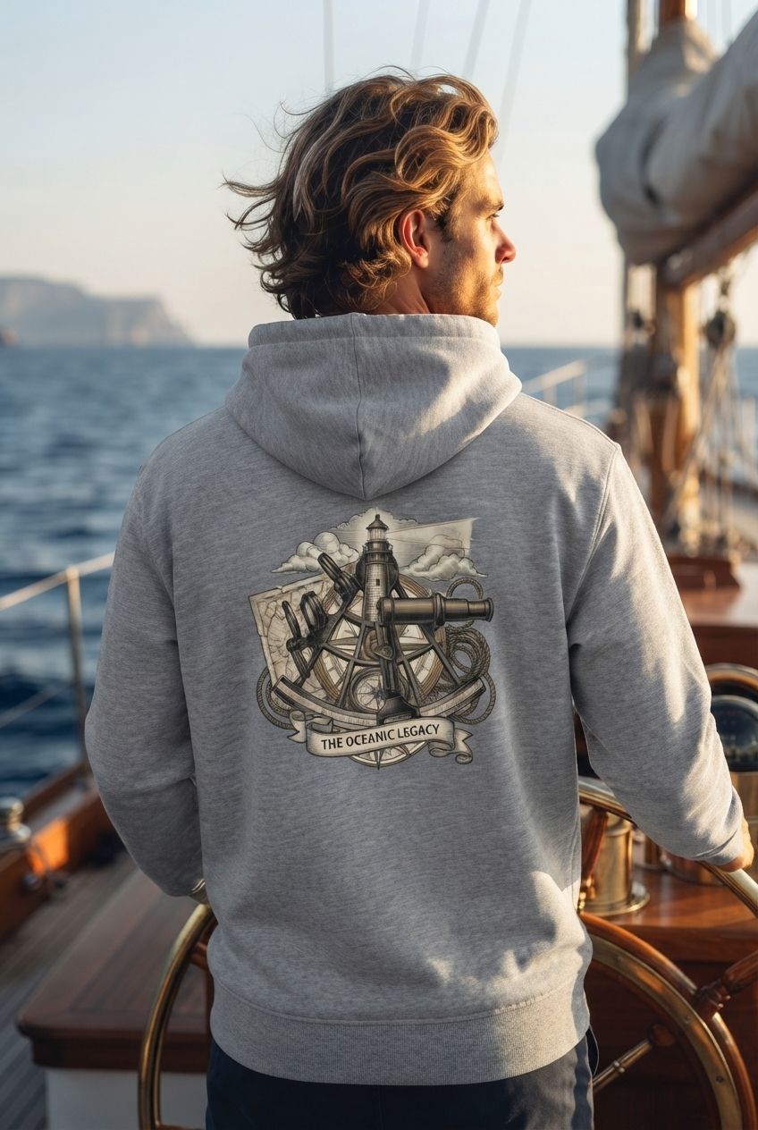 Grau Maritimer Unisex Bio Organic Zipper „The Oceanic Legacy“ – Vorderansicht mit durchgehendem Reißverschluss mit dezentem Logo-Print auf der Brust