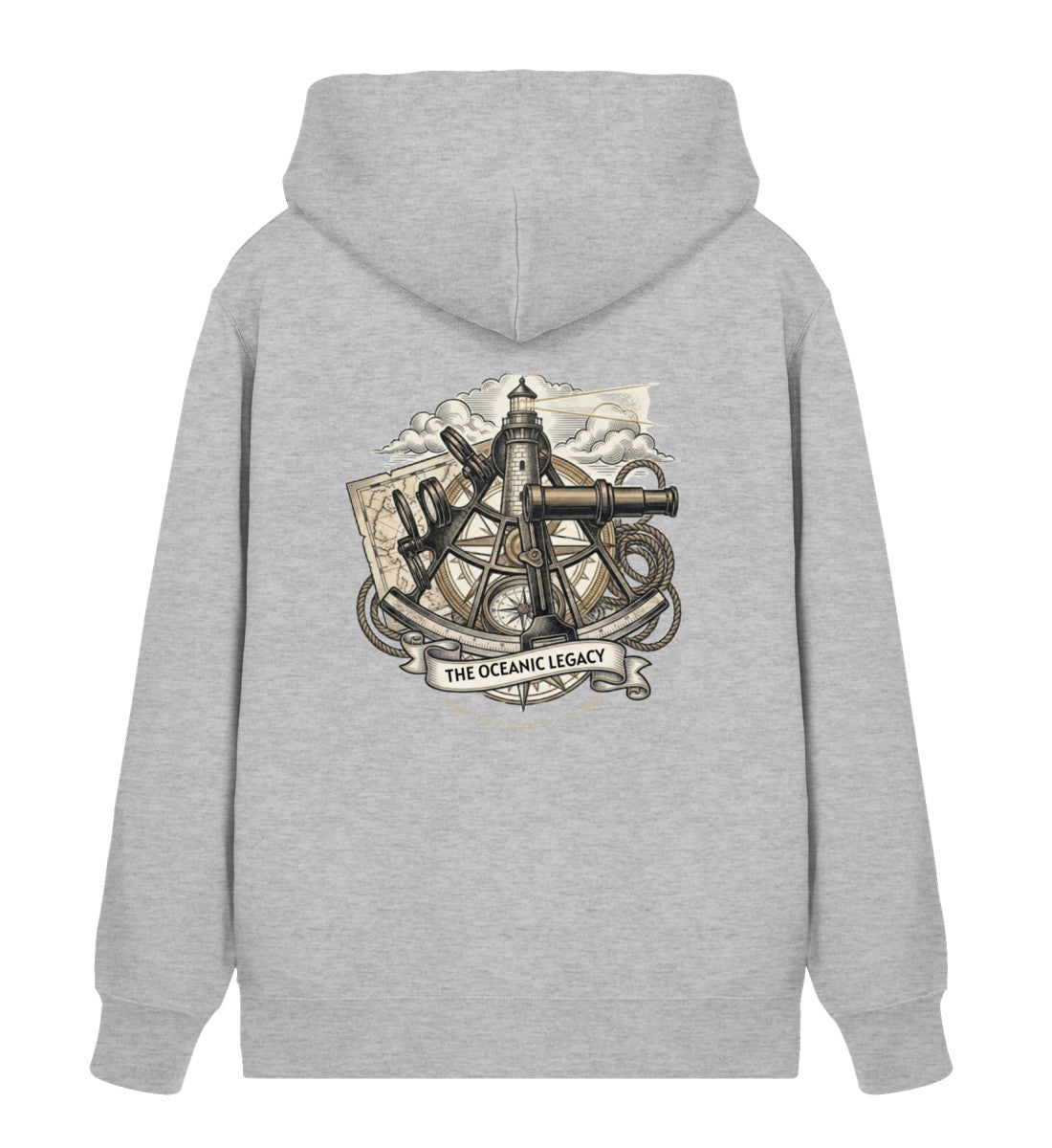 Grau maritimer Unisex Bio Organic Zipper „The Oceanic Legacy“ – Rückansicht mit detailreichem Vintage-Design aus Leuchtturm, Sextant, Fernrohr und Seekarte. (Heather Grey-17) digiuliano.com