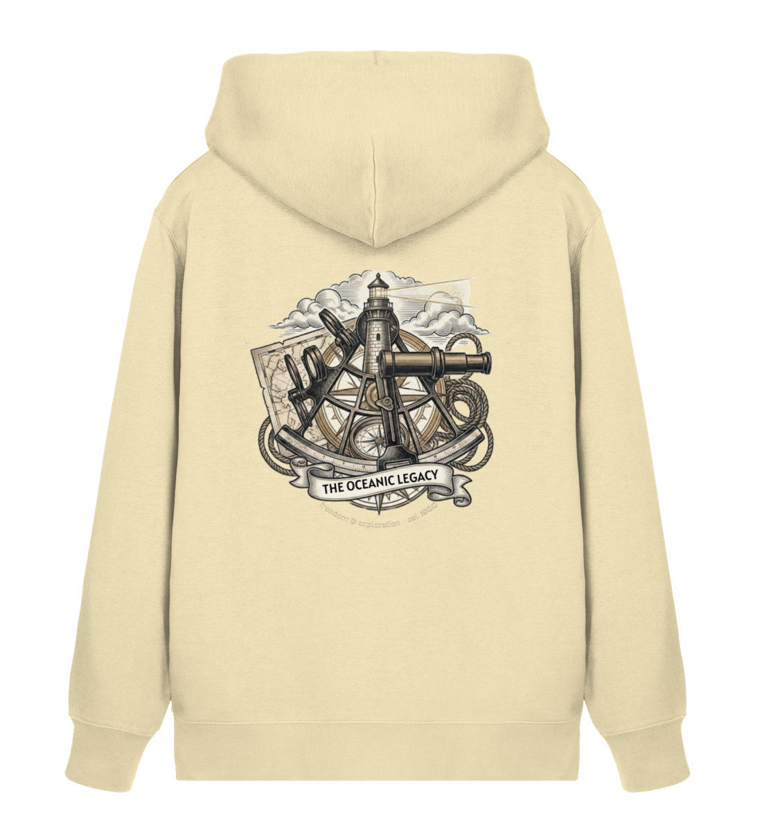 Natur maritimer Unisex Bio Organic Zipper „The Oceanic Legacy“ – Rückansicht mit detailreichem Vintage-Design aus Leuchtturm, Sextant, Fernrohr und Seekarte. (Natural Raw-7131) digiuliano.com