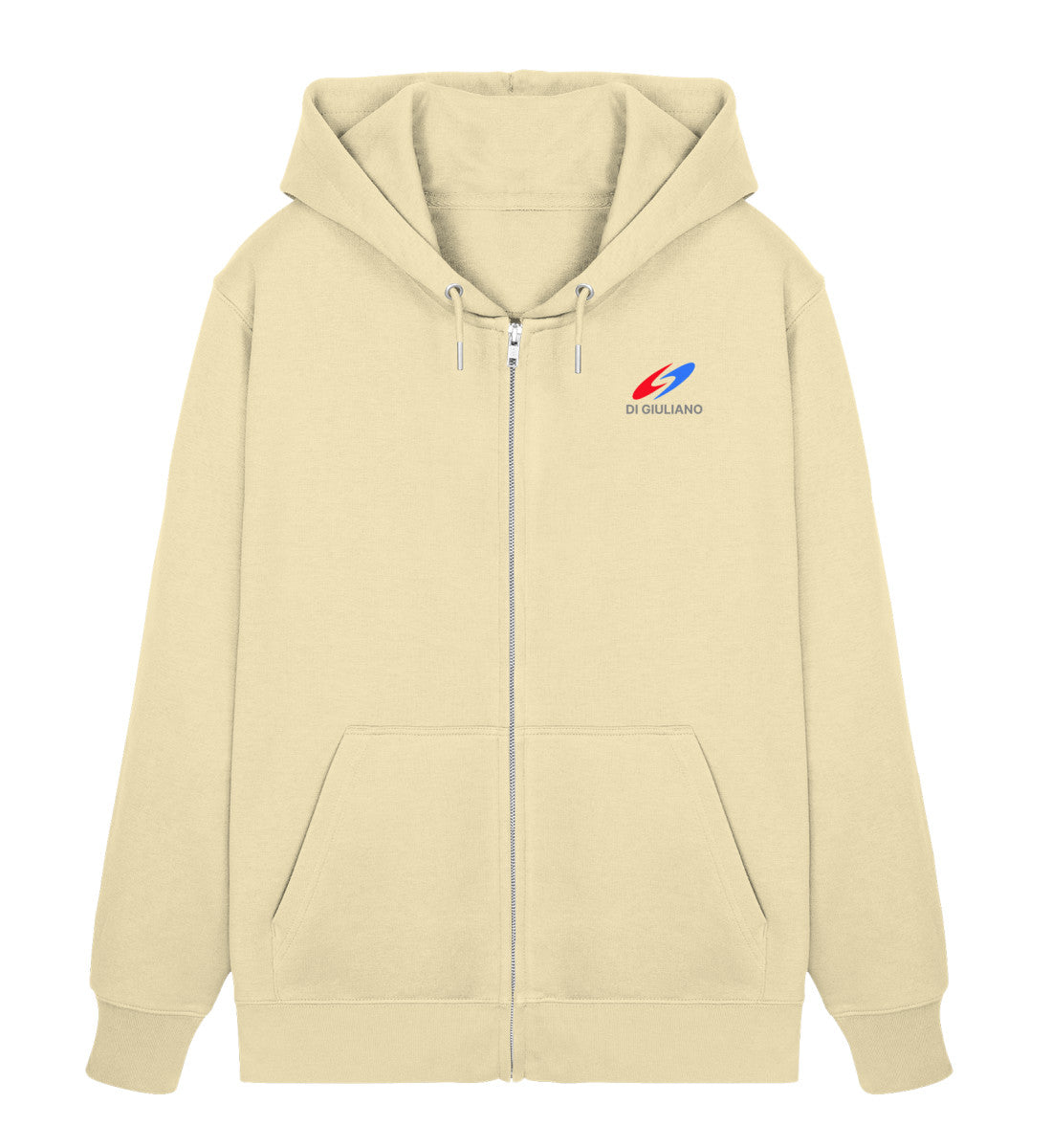 Natur maritimer Unisex Bio Organic Zipper „The Oceanic Legacy“ – Vorderansicht mit durchgehendem Reißverschluss mit dezentem Logo-Print auf der Brust. (Natural Raw-7131) digiuliano.com