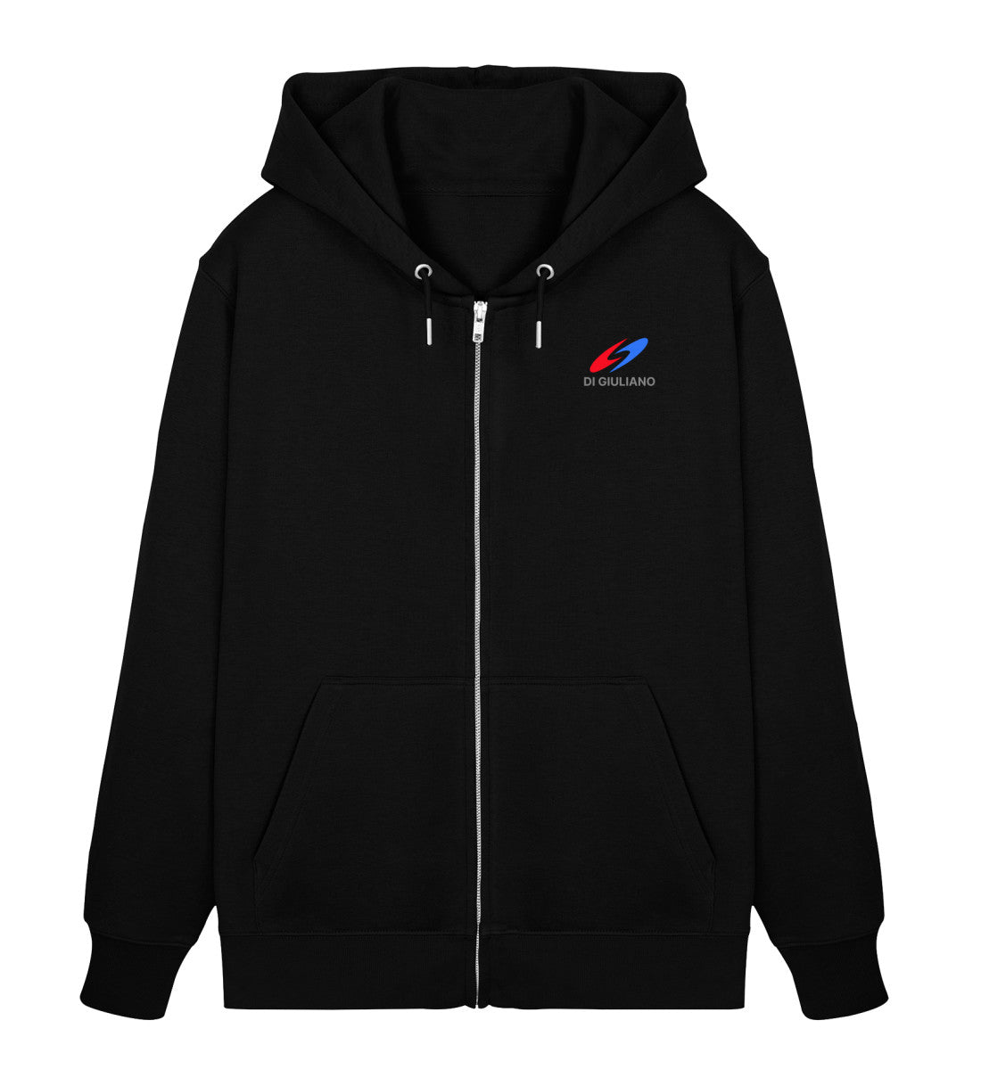 Schwarzer maritimer Unisex Bio Organic Zipper „The Oceanic Legacy“ – Vorderansicht mit durchgehendem Reißverschluss mit dezentem Logo-Print auf der Brust. (Black-16) digiuliano.com