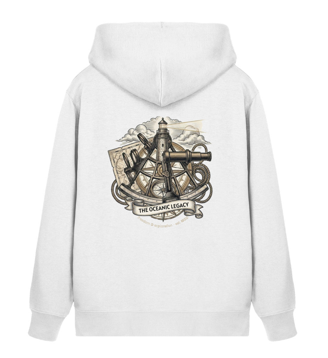Weiß maritimer Unisex Bio Organic Zipper „The Oceanic Legacy“ – Rückansicht mit detailreichem Vintage-Design aus Leuchtturm, Sextant, Fernrohr und Seekarte. (White-3) digiuliano.com