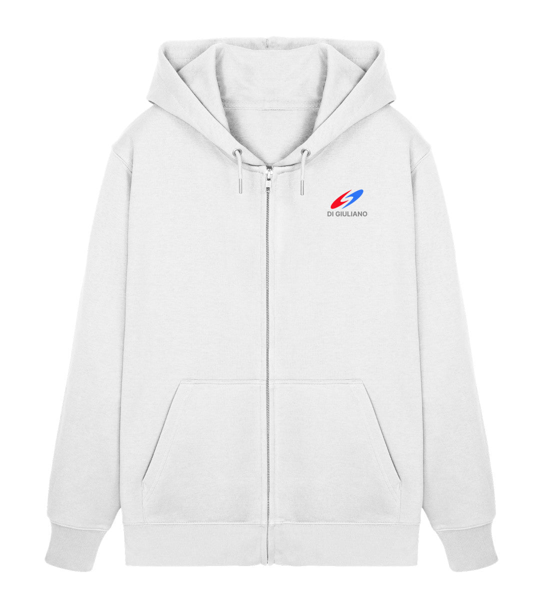 Weißer Maritimer Unisex Bio Organic Zipper „The Oceanic Legacy“ – Vorderansicht mit durchgehendem Reißverschluss mit dezentem Logo-Print auf der Brust (White-3) digiuliano.com