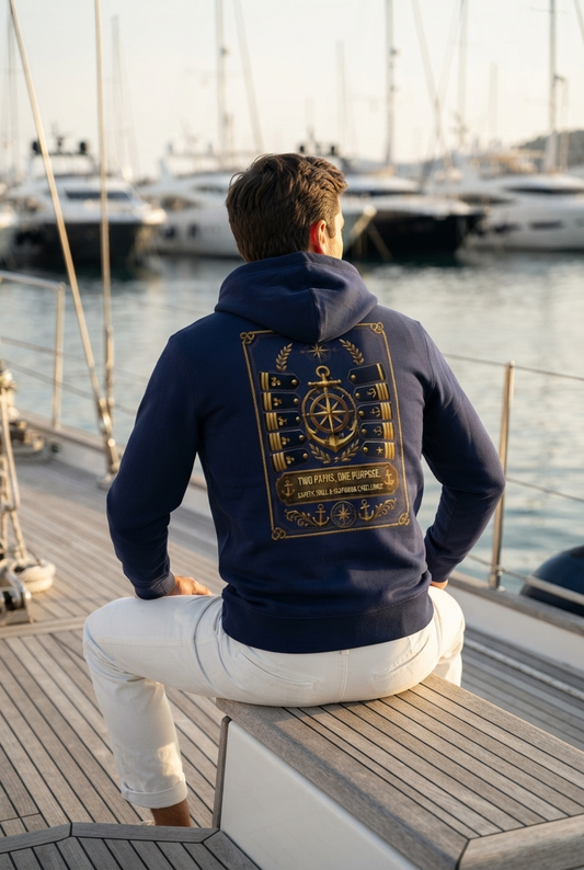 Mann von hinten in weißer Hose und marineblauem Organic Zipper mit detailreichem, goldenem Kapitäns- und Kompass-Design auf dem Rücken auf einer Motoryacht im Hafen. (French Navy) digiuliano.com