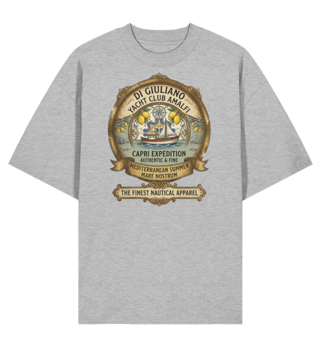 Graumeliert maritimes Organic Oversized T-Shirt in der Vorderansicht mit entspanntem Schnitt, Rundhalsausschnitt und dezentem „DI GIULIANO“-Brust-Emblem. (Heather Grey-17) www.digiuliano.com