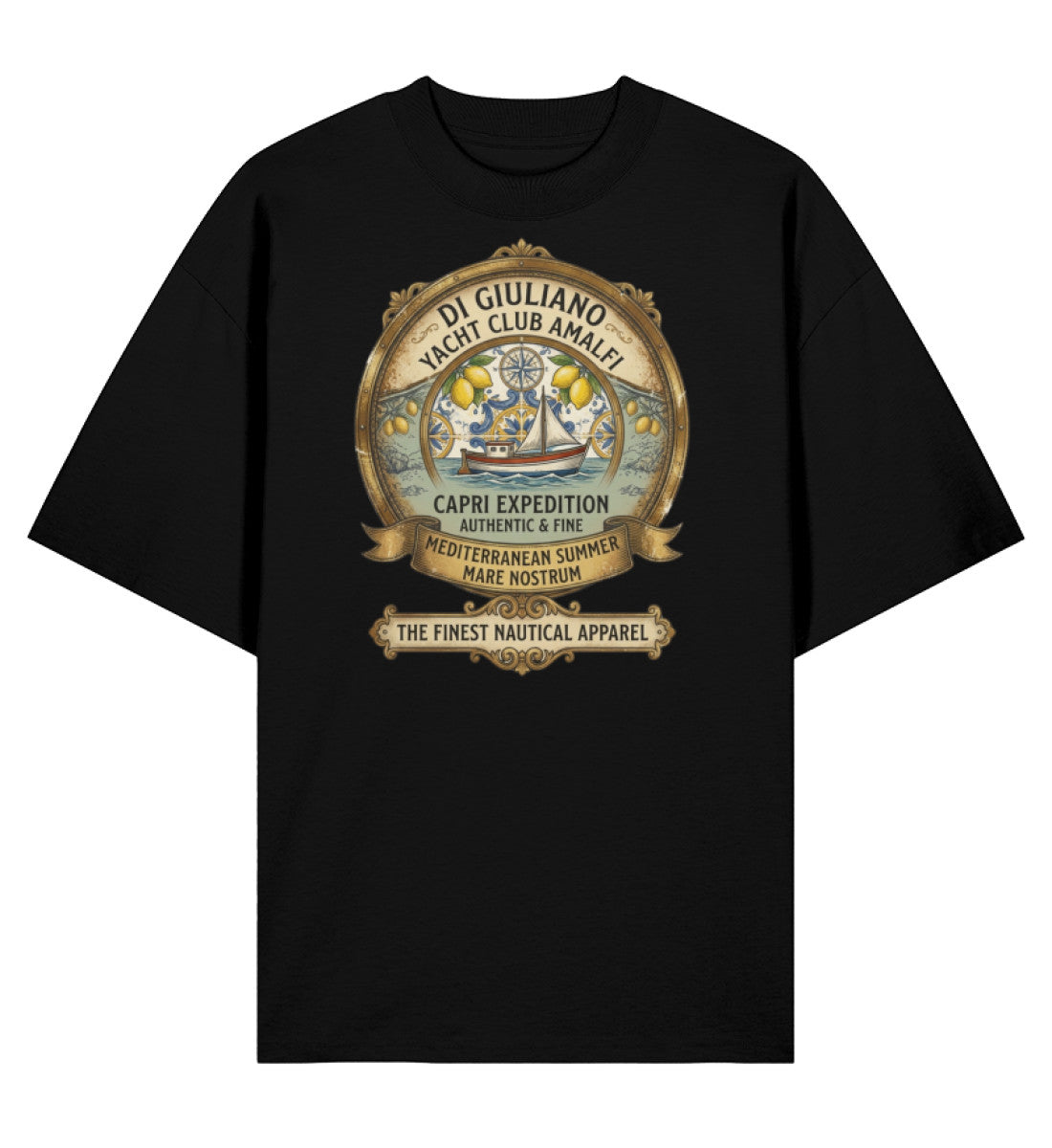 Schwarz maritimes Organic Oversized T-Shirt in der Vorderansicht mit entspanntem Schnitt, Rundhalsausschnitt und dezentem „DI GIULIANO“-Brust-Emblem.(Black-16) www.digiuliano.com